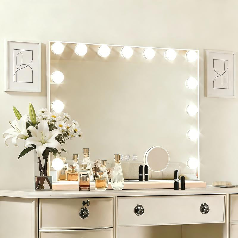 Hoodink Hollywood Vanity Mirror with Lights 15 Dimmable Bulbs 3 Color Lights Make up Lighted Mirror Aluminum Metal Frame USB Charging Port 23 X 18 Inch