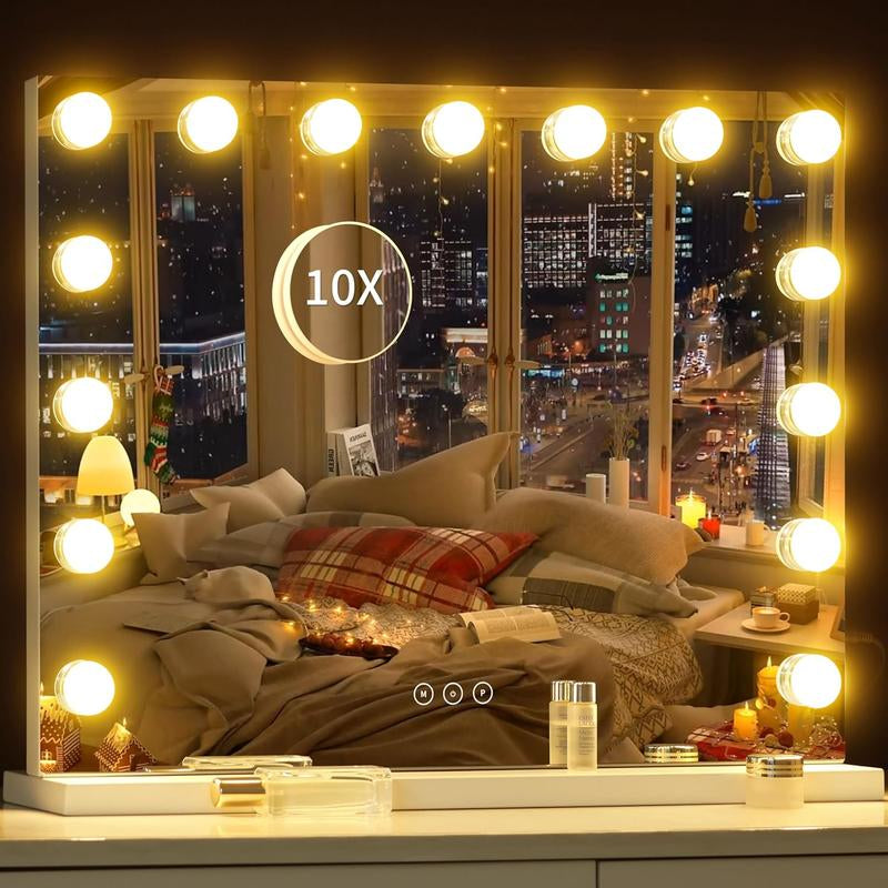 Hoodink Hollywood Vanity Mirror with Lights 15 Dimmable Bulbs 3 Color Lights Make up Lighted Mirror Aluminum Metal Frame USB Charging Port 23 X 18 Inch
