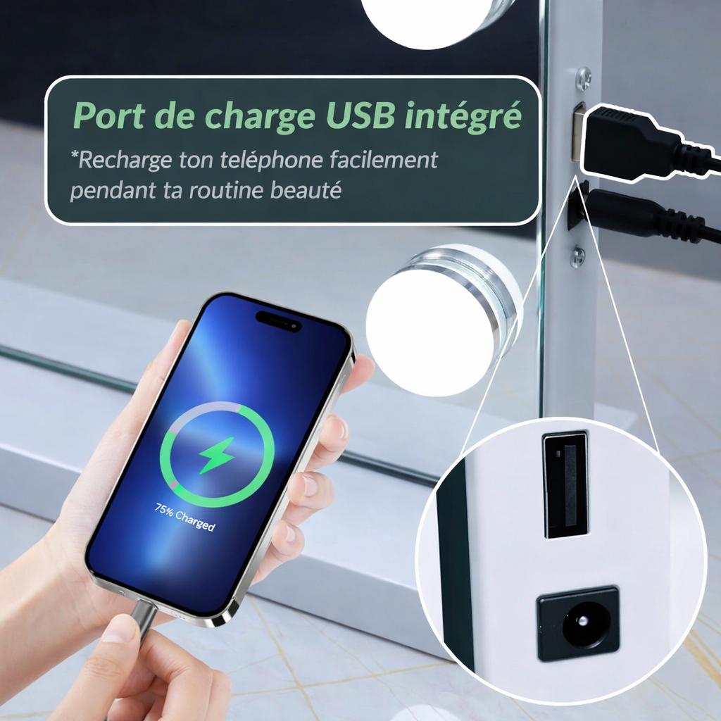 Miroir Diva Hollywood – Éclairage glamour, port USB